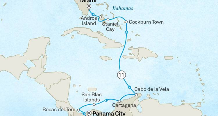 Carte de l'itinéraire de croisière des Caraïbes et d'Amérique centrale de Miami à Panama City.