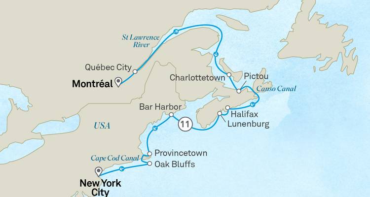 Kreuzfahrtkarte des nordöstlichen USA und Kanadas mit Verbindungen zwischen New York City, Québec City und Halifax.