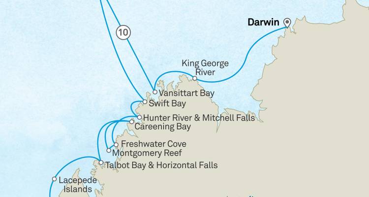 Mapa de ruta de un crucero a lo largo de la costa de Kimberley de Australia mostrando paradas desde Darwin hasta las Islas Lacepede.