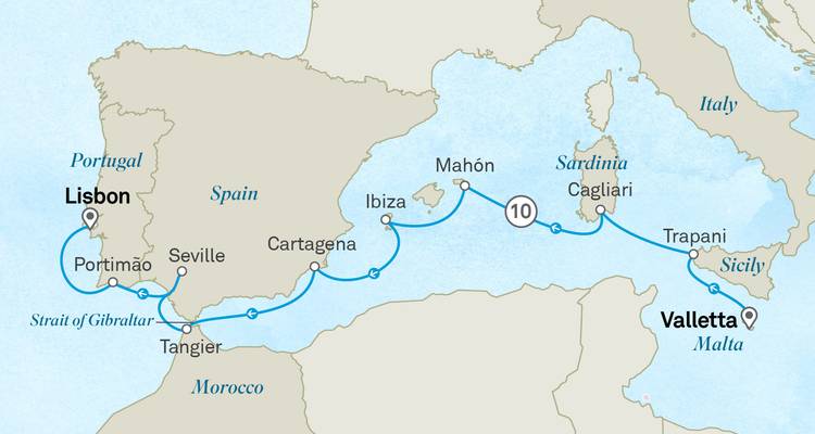 Mittelmeer-Kreuzfahrt-Reiseverlaufskarte von Lissabon nach Valletta mit Hervorhebung der iberischen und italienischen Stopps.