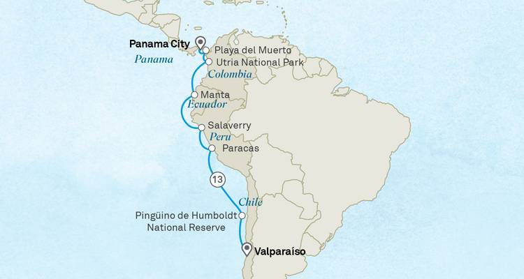 Kreuzfahrtroutenkarte von Panama-Stadt nach Valparaíso mit Angabe der Küstenstopps in Kolumbien, Ecuador und Peru.