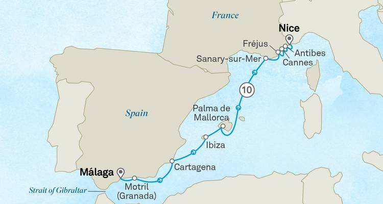 Carte de l'itinéraire de croisière reliant Nice, Cannes, Ibiza, Palma de Majorque et Málaga à travers la Méditerranée occidentale.