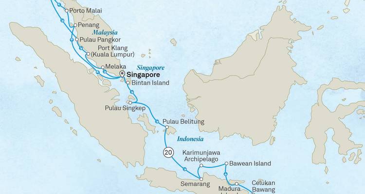 Mapa del itinerario de crucero alrededor de Singapur, Malasia e Indonesia destacando las paradas en las islas.