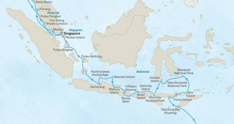 Mapa detallado de crucero desde Singapur a través de las islas indonesias hacia el área de Bali y Komodo.
