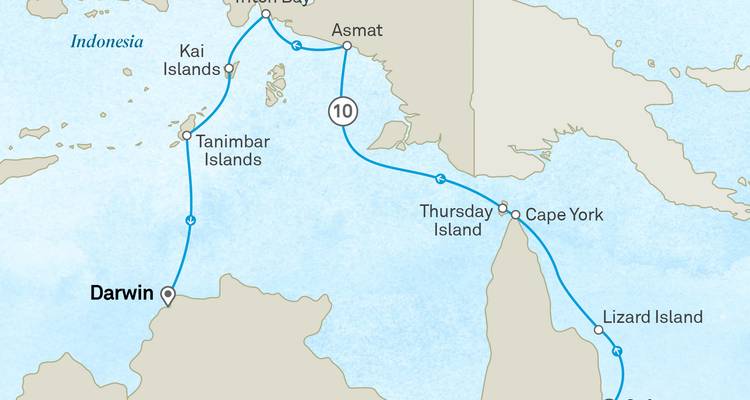 Carte du parcours de croisière de Darwin à travers les régions de Tanimbar et d'Asmat