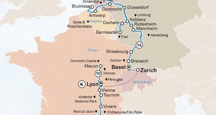 Carte détaillée de croisière fluviale couvrant les Pays-Bas, l'Allemagne, la Suisse et la France.