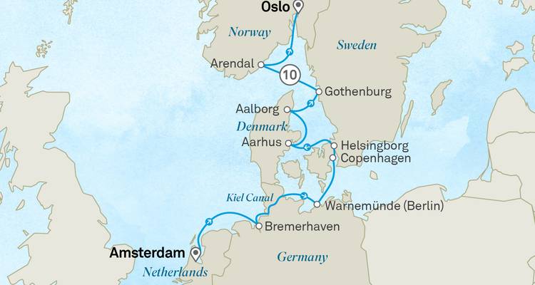 Nordeuropa-Kreuzfahrtkarte von Amsterdam nach Oslo mit dänischen, deutschen und schwedischen Häfen.