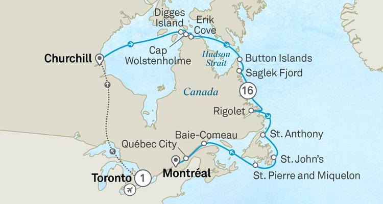 Carte détaillée d'un itinéraire de croisière dans l'Arctique canadien et l'Atlantique avec les principales escales et les jours.