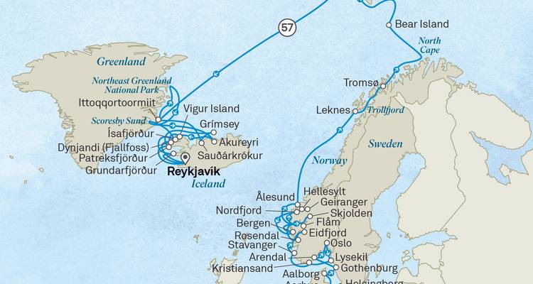 Uitgebreide cruisekaart Noord-Atlantische Oceaan met IJsland, Noorwegen en Groenland