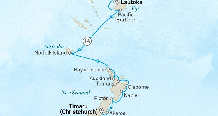 Cruise map connecting New Zealand ports, Norfolk Island and Fiji