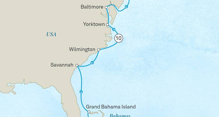 Stilisierte Reiseverlaufskarte, die eine Kreuzfahrtroute von New York entlang der US-Ostküste zu den Bahamas nachzeichnet.