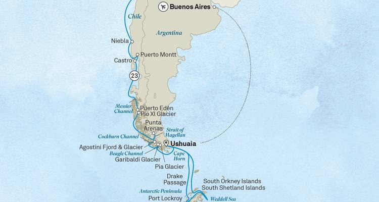 Kreuzfahrtkarte, die eine Route von Buenos Aires um Kap Hoorn nach Ushuaia und in die Antarktis zeigt.
