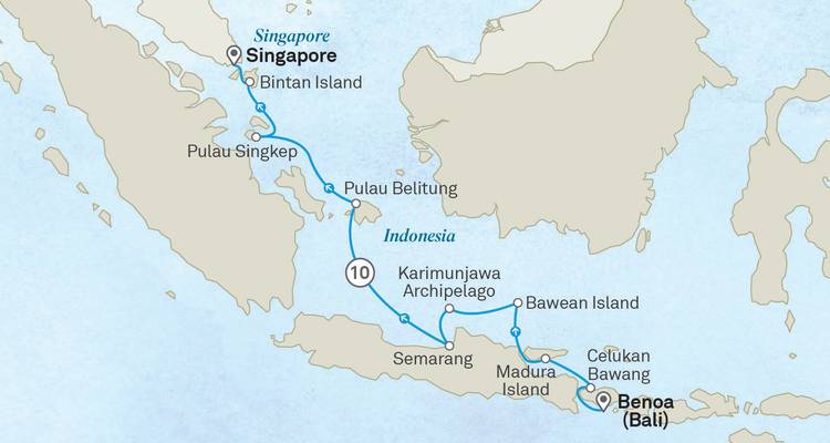 Carte de croisière de Singapour à travers les îles indonésiennes jusqu'à Bali.