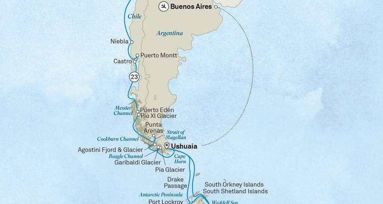 Carte de croisière en Amérique du Sud de Buenos Aires via les glaciers de Patagonie jusqu'à Ushuaia et au-delà.