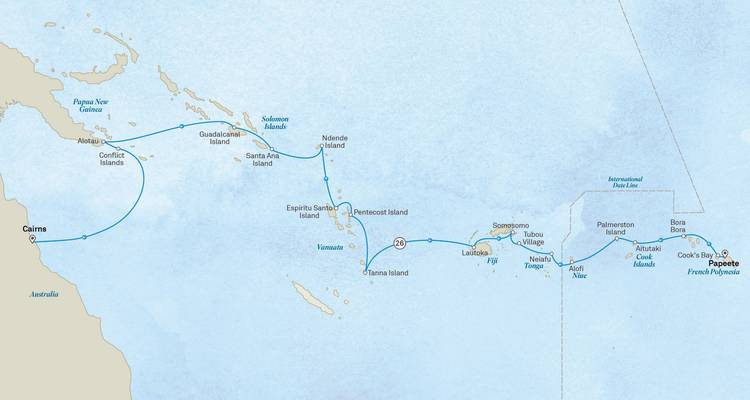 Routekaart van cruisereis door de Stille Oceaan van Cairns naar Papeete via de Salomonseilanden, Fiji en Tonga.