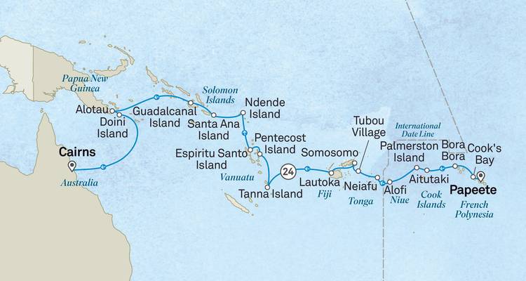 Mapa de ruta de un crucero de expedición desde Cairns a través de las islas del Pacífico hasta Papeete