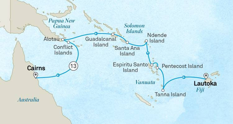 Carte des itinéraires d'une croisière en Océanie du Sud reliant Cairns à Lautoka via les Îles Salomon et le Vanuatu.