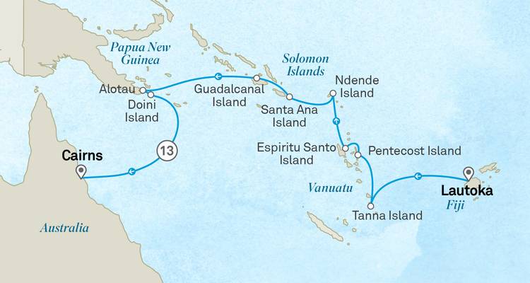 Carte de croisière de l'itinéraire de Cairns à Lautoka mettant en vedette les îles Salomon, le Vanuatu et Ndenendé.