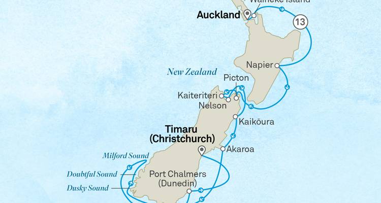 Carte d'itinéraire de croisière autour de la Nouvelle-Zélande mettant en évidence Auckland, Napier et Fiordland.