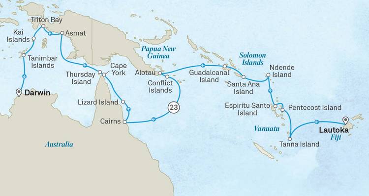 Carte d'itinéraire montrant l'itinéraire de croisière de l'Australie à travers la Papouasie-Nouvelle-Guinée et le Pacifique Sud