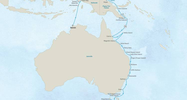Carte illustrant un voyage côtier australien partant de Darwin, contournant la Grande Barrière de Corail jusqu'à Sydney et la Tasmanie.