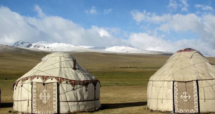 Traditionelle Jurten auf grasbewachsener Ebene mit schneebedeckten Bergen im Hintergrund.