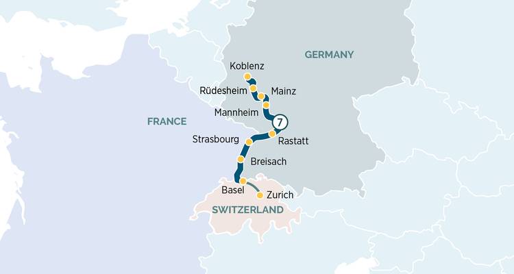 Karte mit Hervorhebung einer 7-tägigen Rheinreise von Basel nach Koblenz mit Haltestellen in Frankreich und Deutschland.