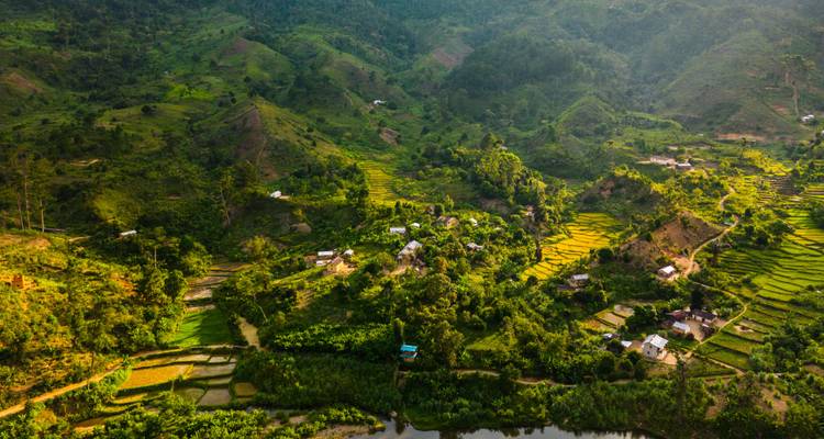 Sunlit aerial of patchwork rice terraces and scattered houses nestled among rolling green hills.