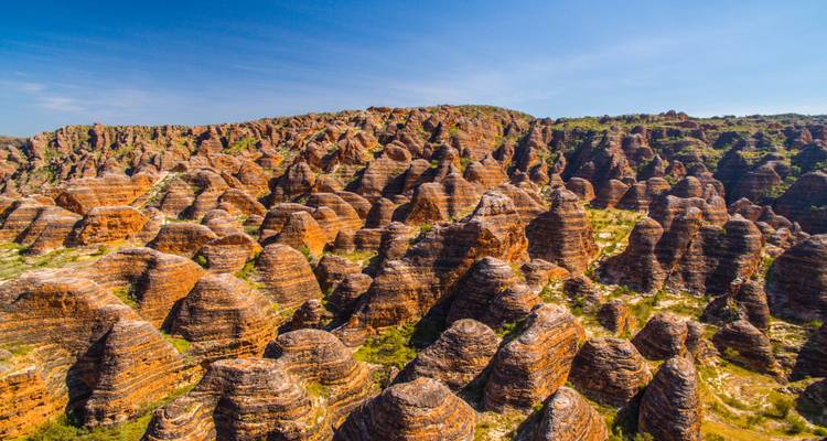 Vista aérea panorámica de las cúpulas de arenisca en forma de colmena de los Bungle Bungles extendiéndose hasta el horizonte.