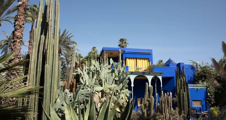Het levendige kobaltblauwe Huis van Jardin Majorelle staat tussen hoge cactussen onder een heldere hemel.