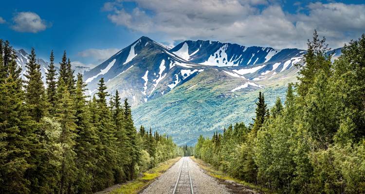 Railway tracks lead into a vast valley of spruce forests and snow-streaked mountains under blue sky.