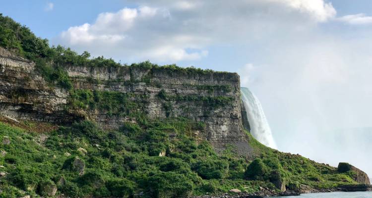 Un acantilado exuberante cubierto de vegetación se alza junto a la cortina brumosa de las Cataratas del Niágara en un día brillante.