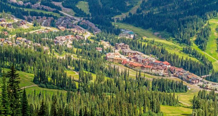 An alpine resort village nestles among lush green ski slopes and conifer forests viewed from above.