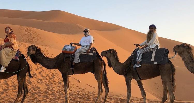 Trois cavaliers sur des chameaux traversent les dunes orange du Sahara dans la douce lumière du soir.