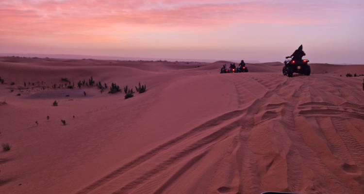 Des conducteurs de quad roulent sur le sable désertique aux teintes rosées sous un ciel d'aube pastel, laissant des traces sinueuses.