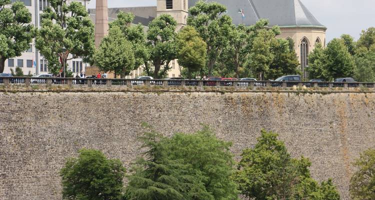 Haut mur de pierre défensif avec un clocher d'église et des arbres feuillus au-dessus, des voitures alignées le long du parapet.
