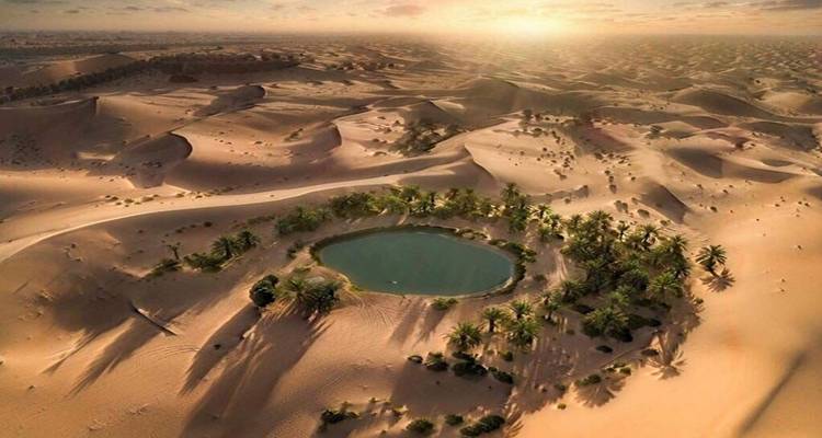 Geïsoleerde woestijnoase lagune omringd door palmbomen en golvend zand bij zonsondergang