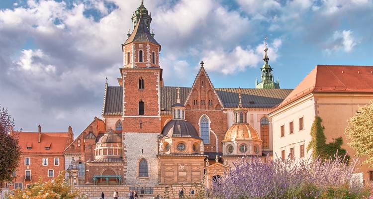 Blick auf die Wawel-Kathedrale und königliche Kapellen, eingerahmt von blühenden Blumen unter einem teilweise bewölkten Himmel.