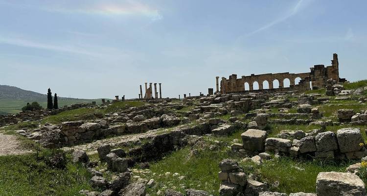 D'anciennes ruines de pierre et des colonnes s'étendent à travers des collines verdoyantes sous un ciel brumeux.