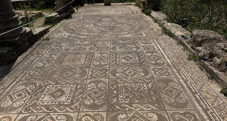 Sol de mosaïque romaine complexe aux motifs géométriques préservé parmi les ruines.