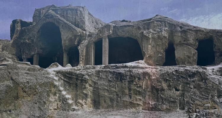 Verweerde rotsgrotten en zuilen van de oude grottenstadUplistsikhe uitgehakt in een klif.