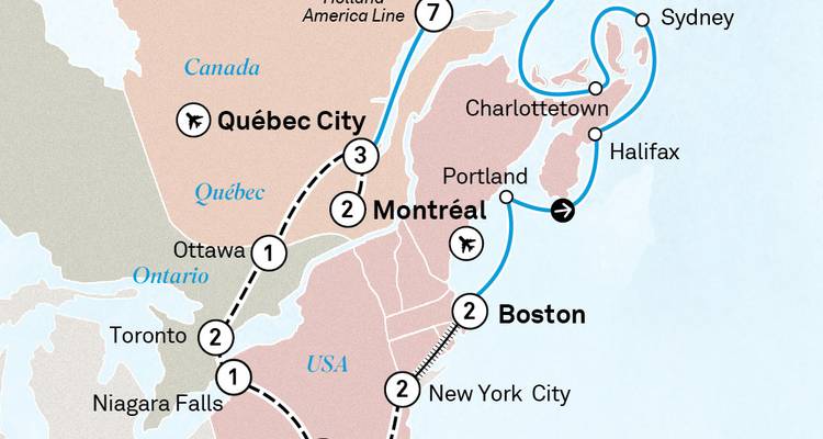 Geïllustreerde routekaart van oost-Canada en USA met vlucht- en reispictogrammen