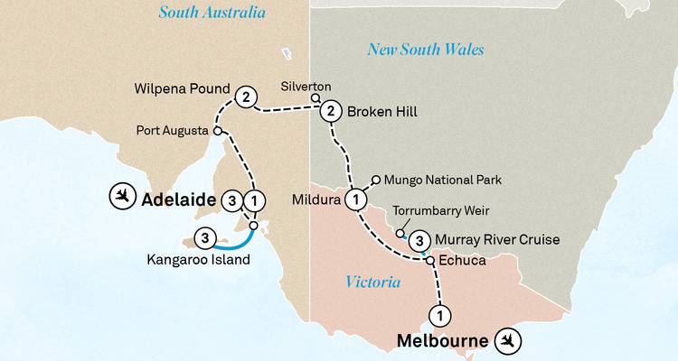 Routekaart van Zuid-Australië en Victoria met de route van Melbourne naar Adelaide, Kangaroo Island en Mungo National Park.