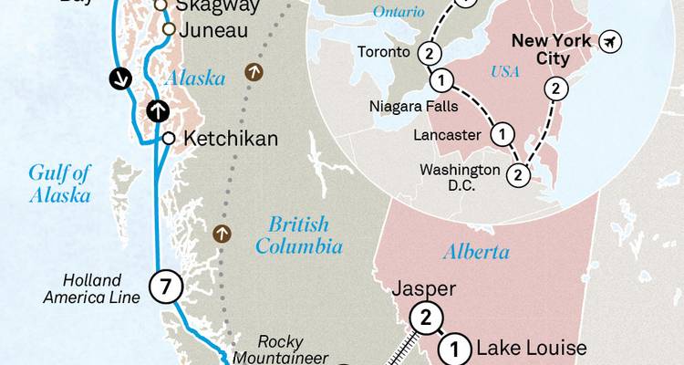 Mapa que ilustra el itinerario combinado de crucero por Alaska y tren de las Montañas Rocosas de Canadá