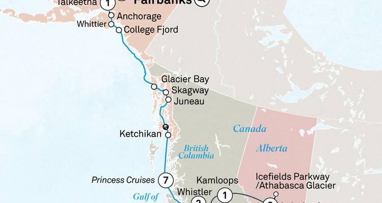 Segment d'une carte touristique affichant les itinéraires de croisière et de train reliant Fairbanks à Jasper et Vancouver.