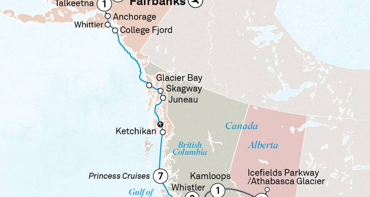 Carte d'itinéraire illustrée représentant un parcours en Alaska et dans l'Ouest canadien incluant Fairbanks, Anchorage, College Fjord, Glacier Bay, Skagway, Juneau, Whistler et Kamloops.