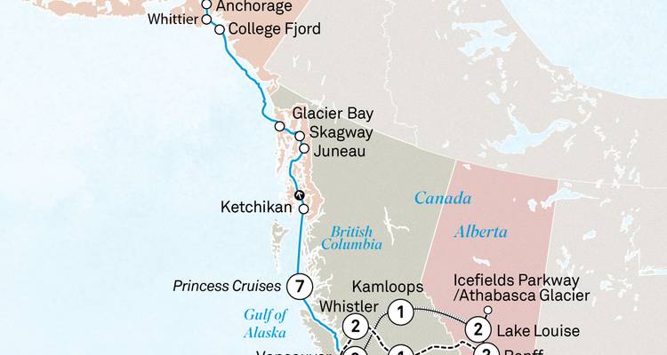 Carte d'itinéraire de croisière en Alaska et dans l'ouest du Canada montrant les ports et la ligne d'itinéraire.