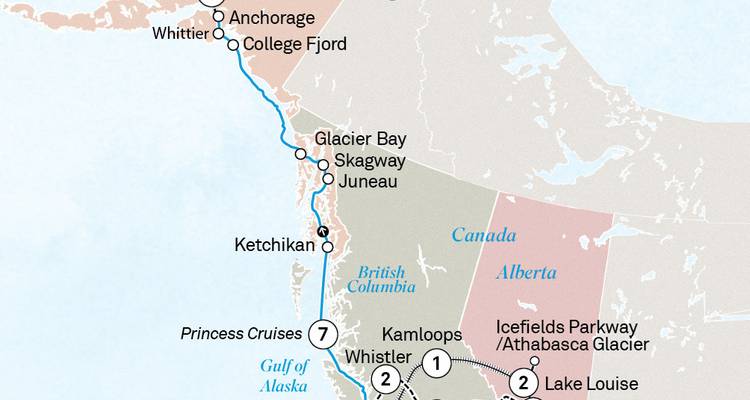 Routekaart met de Alaska cruise route en verbindende Canadese segmenten uitgelicht