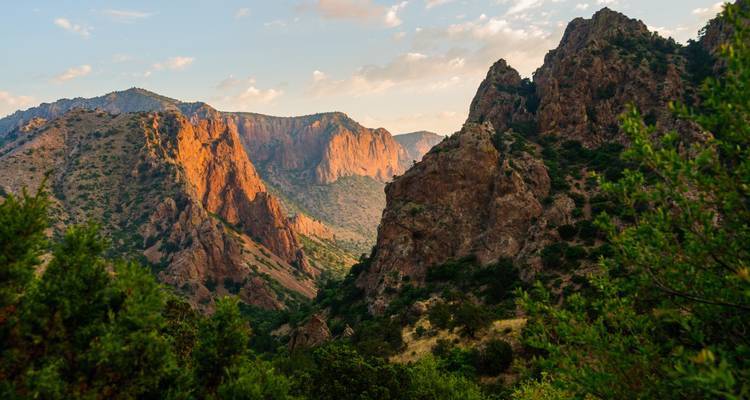 La lumière de l'heure dorée illuminant les falaises escarpées et les vallées verdoyantes du parc national de Big Bend