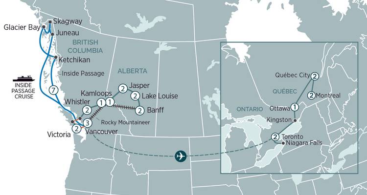 Overzichtskaart die westkust Canada Inside Passage cruise met oostelijke Canadese steden verbindt.